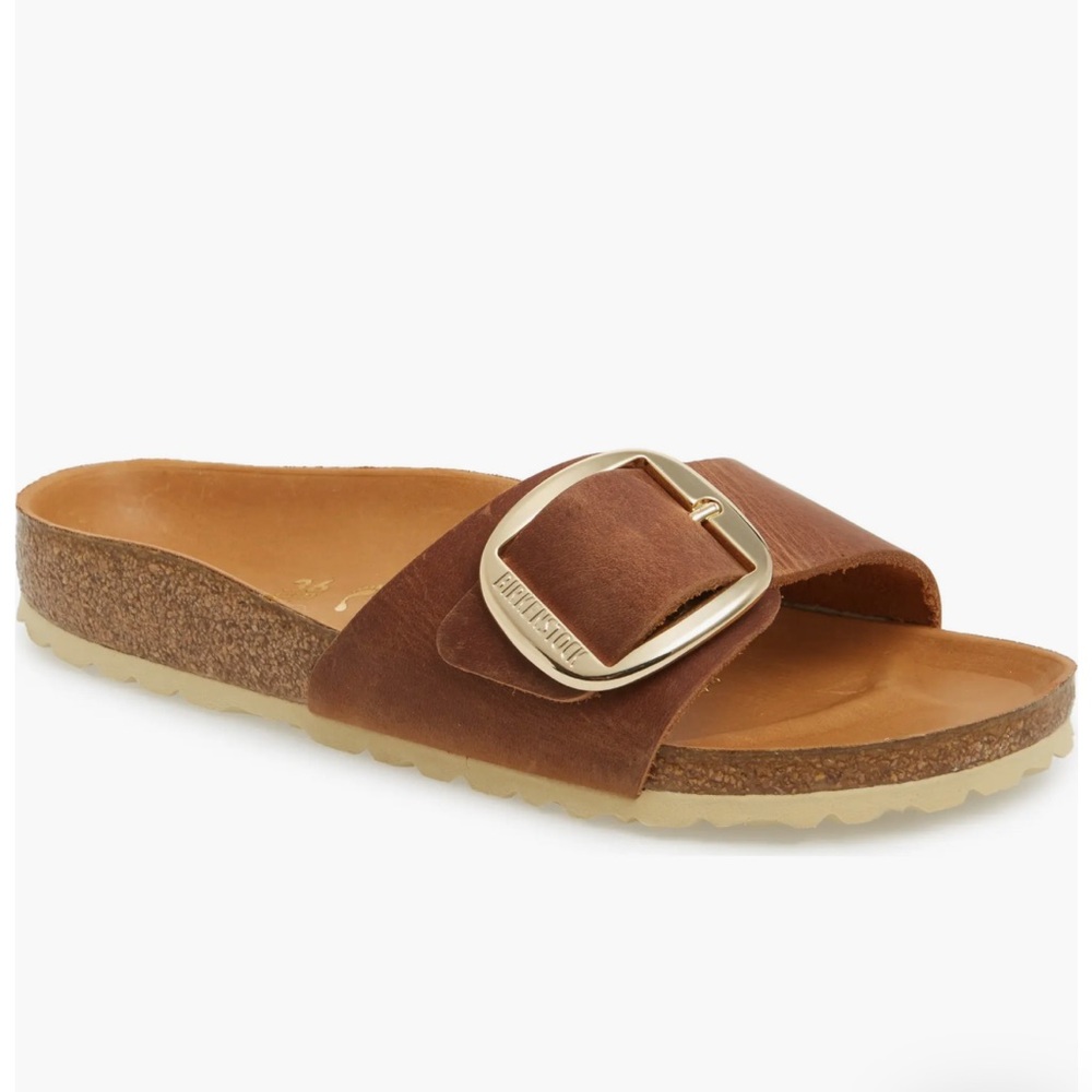 Birkenstock Big Buckle Slide Sandal in Cognac Leather (NWT, Sz 7-7.5)